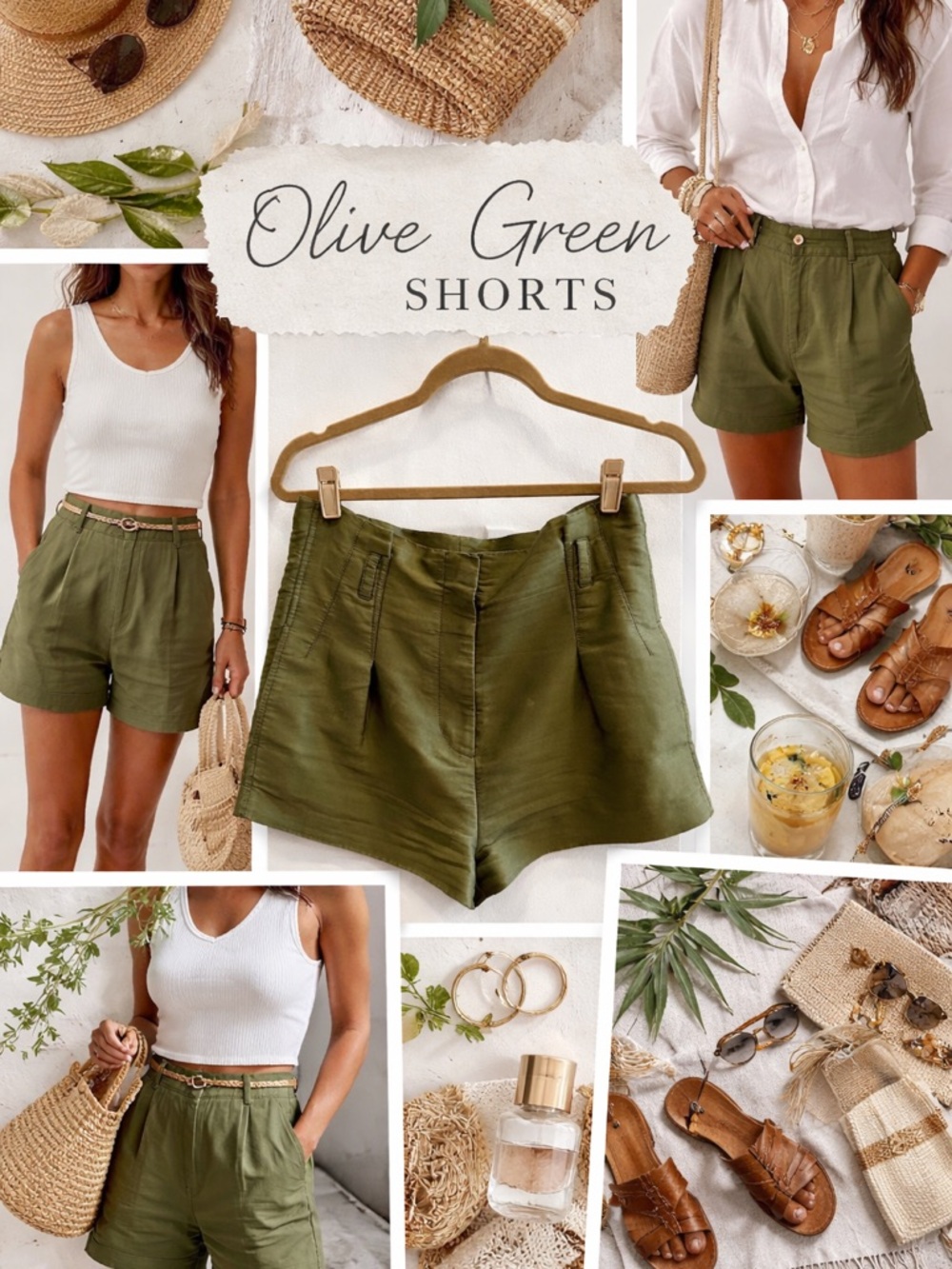 Olive Green High-Waist Linen Blend Women’s Shorts - Picture 2 of 3